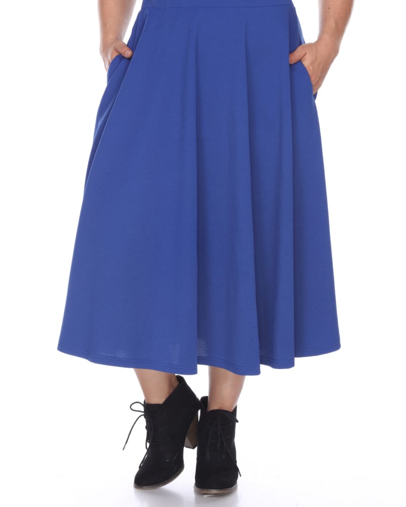 Back of a model wearing a size 3X Tasmin Flare Midi Skirt in Royal by White Mark. | dia_product_style_image_id:249231